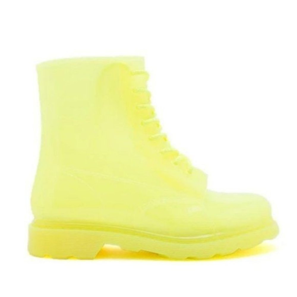 !! NEW !! Neon Yellow Lace Up Combat Rain Boots - Picture 7 of 7